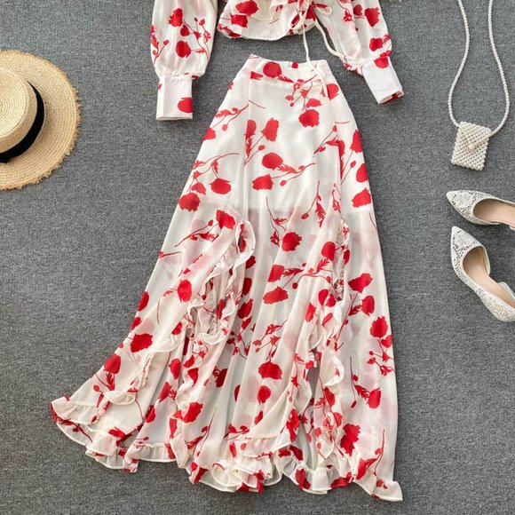 Women's V Neck Long Sleeve Chiffon Printed Dress - Picture 10 of 16